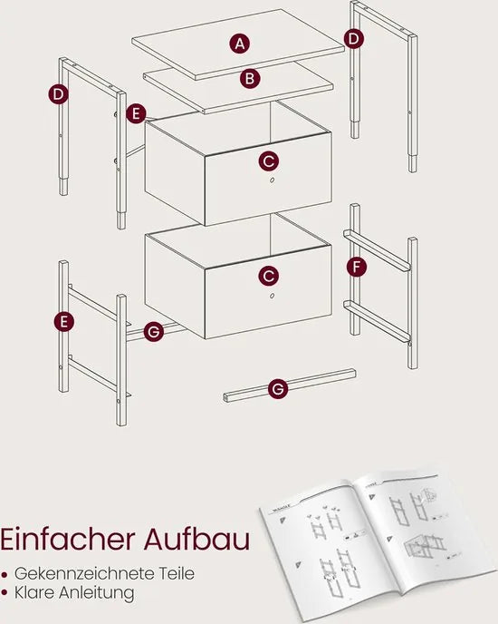 FurnStar - Nachtkastje - Bijzettafel met 2 stoffen laden - Salontafel met planken - 61 cm hoog - Voor woonkamer - Slaapkamer - Rustiek Brown, Ink Black, Matte Black