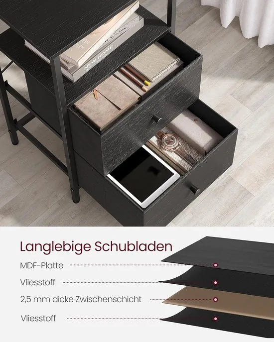 FurnStar - Nachtkastje - bijzettafel met 2 stoffen laden - salontafel met planken - 61 cm hoog - voor woonkamer - slaapkamer - aszwart-inktzwart-matzwart