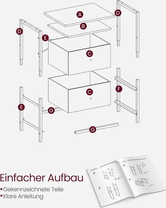 FurnStar - Nachtkastje - bijzettafel met 2 stoffen laden - salontafel met planken - 61 cm hoog - voor woonkamer - slaapkamer - aszwart-inktzwart-matzwart
