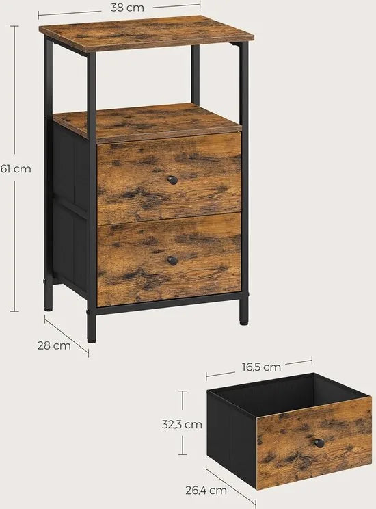 FurnStar - Nachtkastje - Bijzettafel met 2 stoffen laden - Salontafel met planken - 61 cm hoog - Voor woonkamer - Slaapkamer - Rustiek Brown, Ink Black, Matte Black