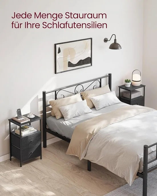 FurnStar - Nachtkastje - bijzettafel met 2 stoffen laden - salontafel met planken - 61 cm hoog - voor woonkamer - slaapkamer - aszwart-inktzwart-matzwart