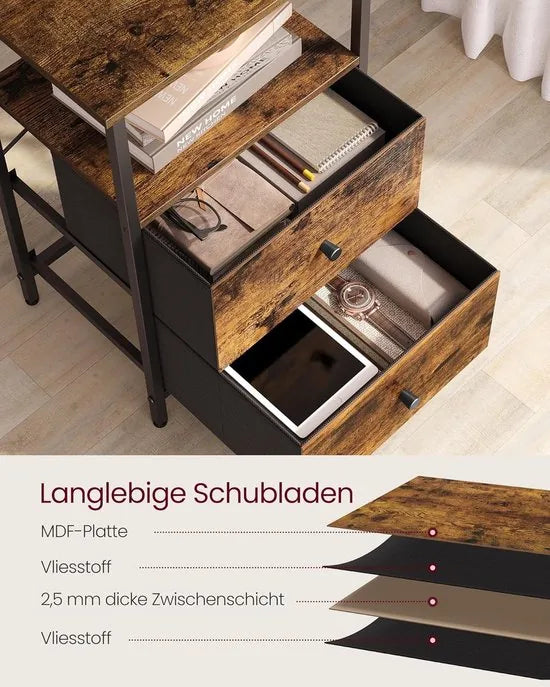 FurnStar - Nachtkastje - Bijzettafel met 2 stoffen laden - Salontafel met planken - 61 cm hoog - Voor woonkamer - Slaapkamer - Rustiek Brown, Ink Black, Matte Black