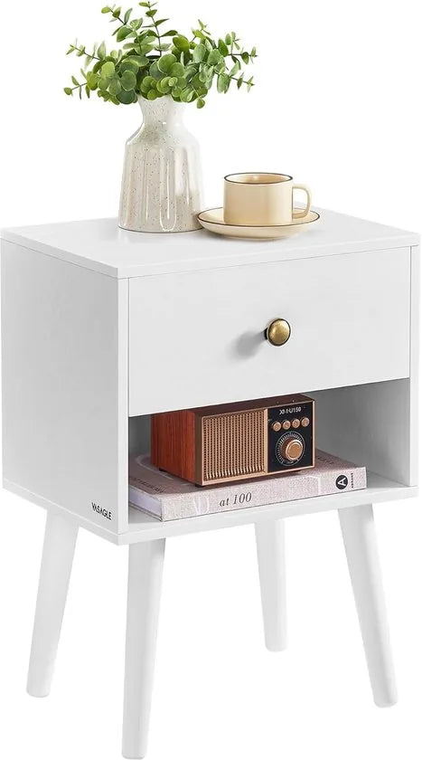 FurnStar Nachtkastje – Bijzettafel met lade & open plank – Houten poten – Voor woonkamer, slaapkamer, bank – Sneeuwwit – 28 x 39 x 55 cm