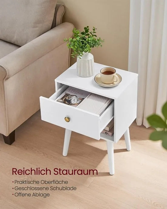 FurnStar Nachtkastje – Bijzettafel met lade & open plank – Houten poten – Voor woonkamer, slaapkamer, bank – Sneeuwwit – 28 x 39 x 55 cm