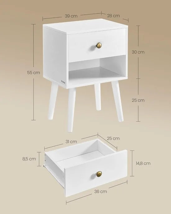 FurnStar Nachtkastje – Bijzettafel met lade & open plank – Houten poten – Voor woonkamer, slaapkamer, bank – Sneeuwwit – 28 x 39 x 55 cm