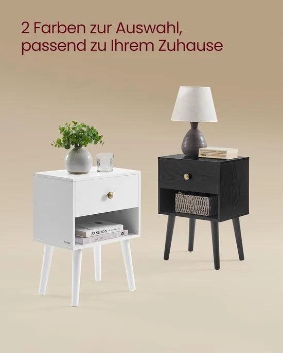 FurnStar Nachtkastje – Bijzettafel met lade & open plank – Houten poten – Voor woonkamer, slaapkamer, bank – Sneeuwwit – 28 x 39 x 55 cm