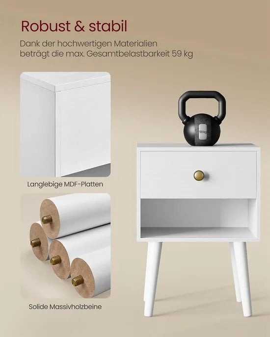 FurnStar Nachtkastje – Bijzettafel met lade & open plank – Houten poten – Voor woonkamer, slaapkamer, bank – Sneeuwwit – 28 x 39 x 55 cm