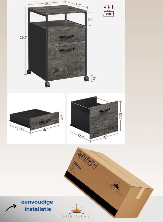 FurnStar - Nachtkastje - Commode - 42 x 44 x 66.5cm -Grijs - Zwart
