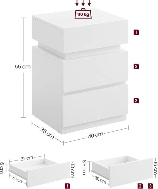 Furnstar Nachtkastje met ledverlichting - Bijzettafel - Verstelbare kleuren - Banktafel met 3 laden - Nachtkastje slaapkamer - Modern - 35 x 40 x 55 cm - Wit – Model 2