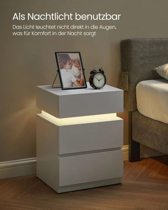 Furnstar Nachtkastje met ledverlichting - Bijzettafel - Verstelbare kleuren - Banktafel met 3 laden - Nachtkastje slaapkamer - Modern - 35 x 40 x 55 cm - Wit – Model 2