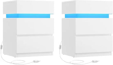 Furnstar Nachtkastje met ledverlichting - Set van 2 - Bijzettafel - Verstelbare kleuren - Banktafel met 3 laden - Nachtkastje slaapkamer - Modern - 35 x 40 x 55 cm - Wit