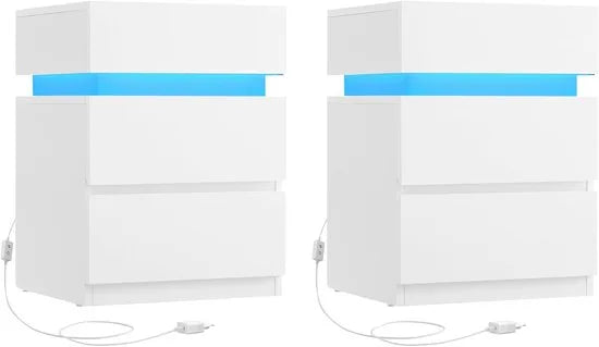 Furnstar Nachtkastje met ledverlichting - Set van 2 - Bijzettafel - Verstelbare kleuren - Banktafel met 3 laden - Nachtkastje slaapkamer - Modern - 35 x 40 x 55 cm - Wit