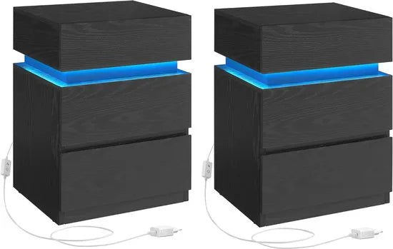 Furnstar Nachtkastje met ledverlichting - Set van 2 - Bijzettafel - Verstelbare kleuren - Banktafel met 3 laden - Nachtkastje slaapkamer - Modern - 35 x 40 x 55 cm -Zwart met Houtnerf – Model 1