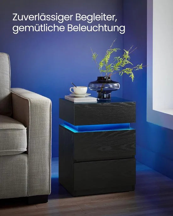 Furnstar Nachtkastje met ledverlichting - Set van 2 - Bijzettafel - Verstelbare kleuren - Banktafel met 3 laden - Nachtkastje slaapkamer - Modern - 35 x 40 x 55 cm -Zwart met Houtnerf – Model 1