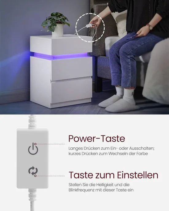 Furnstar Nachtkastje met ledverlichting - Set van 2 - Bijzettafel - Verstelbare kleuren - Banktafel met 3 laden - Nachtkastje slaapkamer - Modern - 35 x 40 x 55 cm - Wit