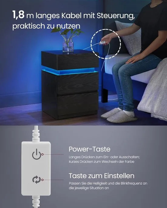 Furnstar Nachtkastje met ledverlichting - Set van 2 - Bijzettafel - Verstelbare kleuren - Banktafel met 3 laden - Nachtkastje slaapkamer - Modern - 35 x 40 x 55 cm -Zwart met Houtnerf – Model 1