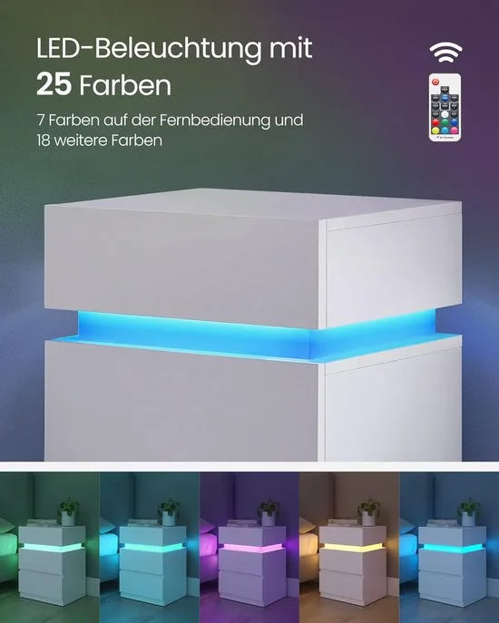 Furnstar Nachtkastje met ledverlichting - Set van 2 - Bijzettafel - Verstelbare kleuren - Banktafel met 3 laden - Nachtkastje slaapkamer - Modern - 35 x 40 x 55 cm - Wit
