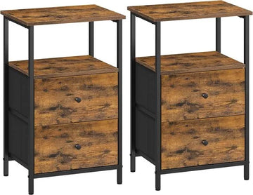 FurnStar - Nachtkastje - Set van 2 - Bijzettafel met 2 stoffen laden - Salontafel met planken - 61 cm hoog - Voor woonkamer - Slaapkamer - Rustiek Brown, Inkt Black, Matte Black