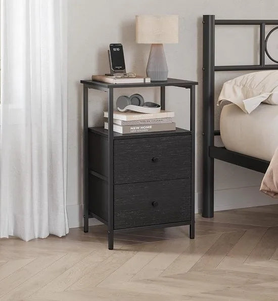 FurnStar - Nachtkastje - Set van 2 - Bijzettafel met 2 stoffen laden - Salontafel met planken - 61 cm hoog - Voor woonkamer - Slaapkamer - Zwart