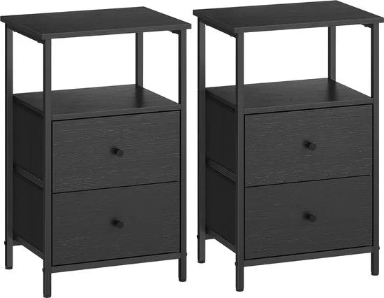 FurnStar - Nachtkastje - Set van 2 - Bijzettafel met 2 stoffen laden - Salontafel met planken - 61 cm hoog - Voor woonkamer - Slaapkamer - Zwart