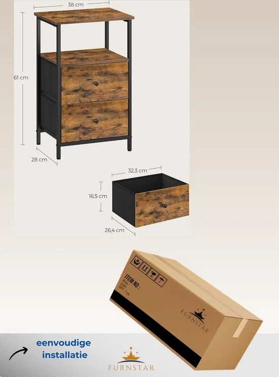 FurnStar - Nachtkastje - Set van 2 - Bijzettafel met 2 stoffen laden - Salontafel met planken - 61 cm hoog - Voor woonkamer - Slaapkamer - Rustiek Brown, Inkt Black, Matte Black