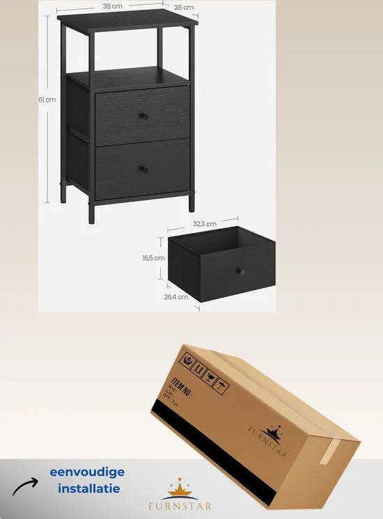 FurnStar - Nachtkastje - Set van 2 - Bijzettafel met 2 stoffen laden - Salontafel met planken - 61 cm hoog - Voor woonkamer - Slaapkamer - Zwart
