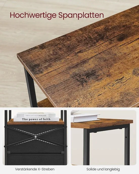 FurnStar - Nachtkastje - Set van 2 - Bijzettafel met 2 stoffen laden - Salontafel met planken - 61 cm hoog - Voor woonkamer - Slaapkamer - Rustiek Brown, Inkt Black, Matte Black