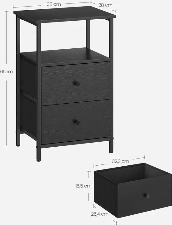 FurnStar - Nachtkastje - Set van 2 - Bijzettafel met 2 stoffen laden - Salontafel met planken - 61 cm hoog - Voor woonkamer - Slaapkamer - Zwart