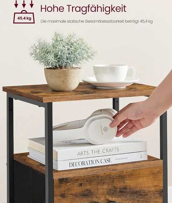 FurnStar - Nachtkastje - Set van 2 - Bijzettafel met 2 stoffen laden - Salontafel met planken - 61 cm hoog - Voor woonkamer - Slaapkamer - Rustiek Brown, Inkt Black, Matte Black