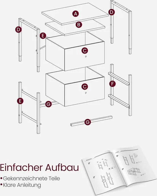 FurnStar - Nachtkastje - Set van 2 - Bijzettafel met 2 stoffen laden - Salontafel met planken - 61 cm hoog - Voor woonkamer - Slaapkamer - Zwart