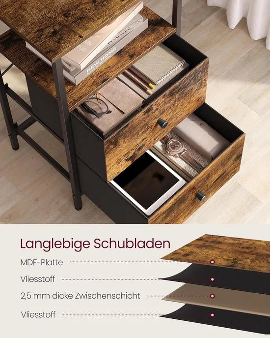 FurnStar - Nachtkastje - Set van 2 - Bijzettafel met 2 stoffen laden - Salontafel met planken - 61 cm hoog - Voor woonkamer - Slaapkamer - Rustiek Brown, Inkt Black, Matte Black