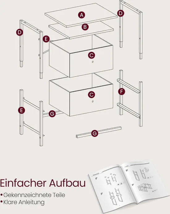 FurnStar - Nachtkastje - Set van 2 - Bijzettafel met 2 stoffen laden - Salontafel met planken - 61 cm hoog - Voor woonkamer - Slaapkamer - Rustiek Brown, Inkt Black, Matte Black