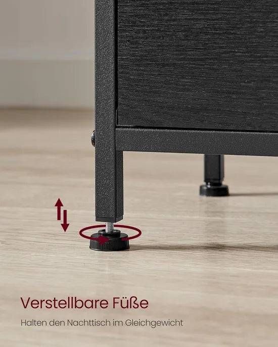 FurnStar - Nachtkastje - Set van 2 - Bijzettafel met 2 stoffen laden - Salontafel met planken - 61 cm hoog - Voor woonkamer - Slaapkamer - Zwart