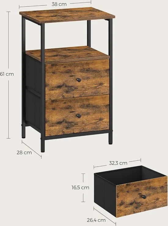 FurnStar - Nachtkastje - Set van 2 - Bijzettafel met 2 stoffen laden - Salontafel met planken - 61 cm hoog - Voor woonkamer - Slaapkamer - Rustiek Brown, Inkt Black, Matte Black
