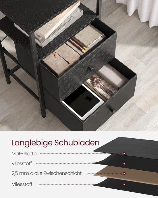 FurnStar - Nachtkastje - Set van 2 - Bijzettafel met 2 stoffen laden - Salontafel met planken - 61 cm hoog - Voor woonkamer - Slaapkamer - Zwart