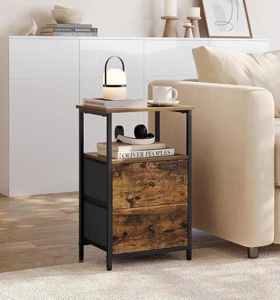 FurnStar - Nachtkastje - Set van 2 - Bijzettafel met 2 stoffen laden - Salontafel met planken - 61 cm hoog - Voor woonkamer - Slaapkamer - Rustiek Brown, Inkt Black, Matte Black