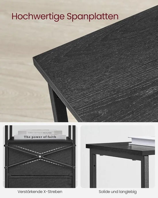 FurnStar - Nachtkastje - Set van 2 - Bijzettafel met 2 stoffen laden - Salontafel met planken - 61 cm hoog - Voor woonkamer - Slaapkamer - Zwart