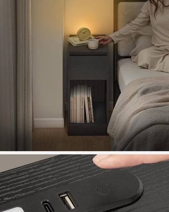 FurnStar - Nachtkastje set van 2 - Slank bijzettafeltje met LED-verlichting - USB-A & USB-C poort - 1 lade & open vak - Voor slaapkamer & woonkamer - 40 x 30 x 61 cm - Ebbenhout zwart