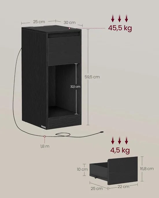 FurnStar - Nachtkastje set van 2 - Slank bijzettafeltje met LED-verlichting - USB-A & USB-C poort - 1 lade & open vak - Voor slaapkamer & woonkamer - 40 x 30 x 61 cm - Ebbenhout zwart