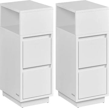 Furnstar - Nachtkastje - Set van 2 - Smal - Bijzettafel met 2 laden - Open vak links of rechts monteerbaar - Voor slaapkamer en woonkamer - Wolkenwit