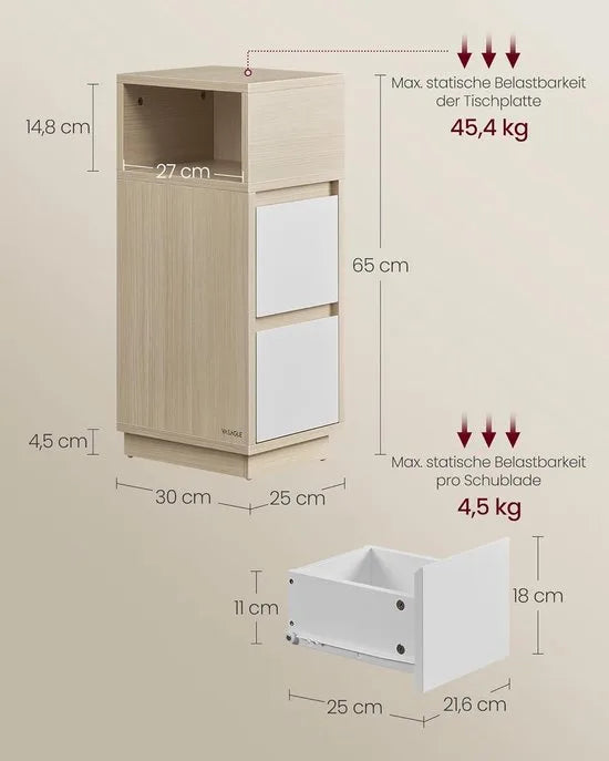 Furnstar - Nachtkastje - Smal - Bijzettafel met 2 laden - Open vak links of rechts monteerbaar - Voor slaapkamer en woonkamer - Ebbenzwart – Furnstar Set van 2 Ebbenzwart (2794)