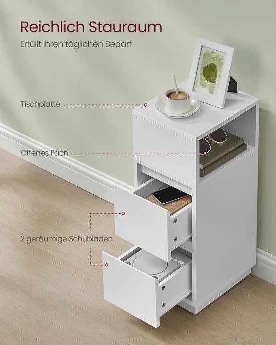 Furnstar - Nachtkastje - Set van 2 - Smal - Bijzettafel met 2 laden - Open vak links of rechts monteerbaar - Voor slaapkamer en woonkamer - Wolkenwit