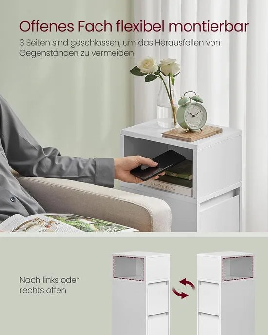 Furnstar - Nachtkastje - Set van 2 - Smal - Bijzettafel met 2 laden - Open vak links of rechts monteerbaar - Voor slaapkamer en woonkamer - Wolkenwit