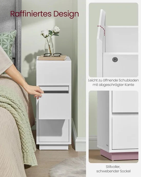 Furnstar - Nachtkastje - Set van 2 - Smal - Bijzettafel met 2 laden - Open vak links of rechts monteerbaar - Voor slaapkamer en woonkamer - Wolkenwit