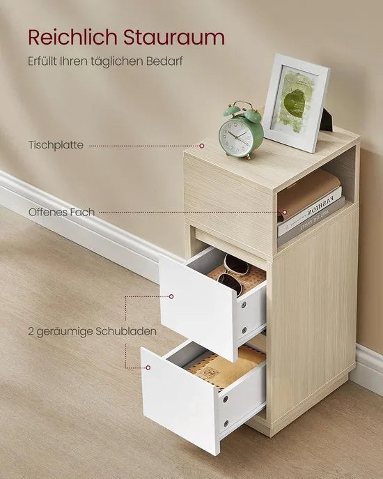 Furnstar - Nachtkastje - Smal - Bijzettafel met 2 laden - Open vak links of rechts monteerbaar - Voor slaapkamer en woonkamer - Ebbenzwart – Furnstar Set van 2 Ebbenzwart (2794)