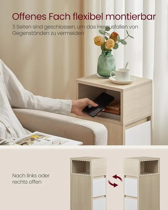 Furnstar - Nachtkastje - Smal - Bijzettafel met 2 laden - Open vak links of rechts monteerbaar - Voor slaapkamer en woonkamer - Ebbenzwart – FurnStar Natuurbeige Wolkenwit (2763)