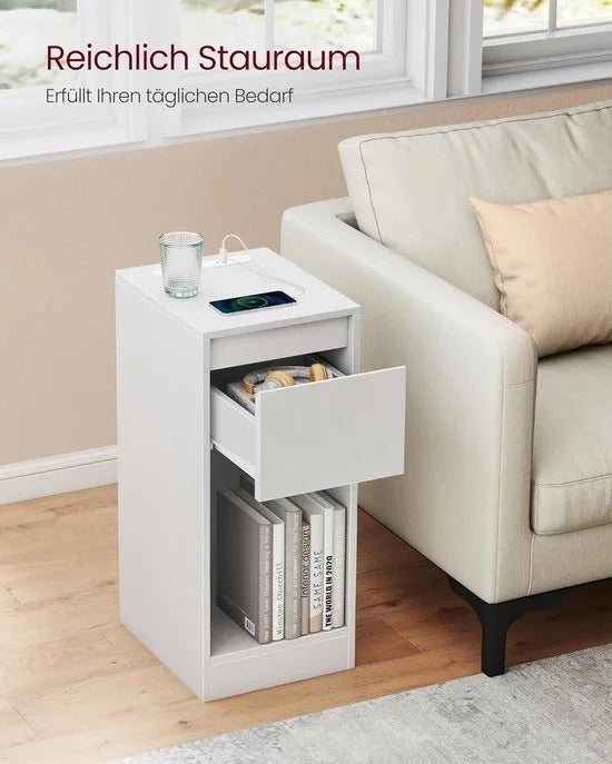 FurnStar – Nachtkastje set van 2 – Smal bijzettafeltje met lade en open vak – Inclusief LED-verlichting, USB-A & USB-C poort – Voor slaapkamer & woonkamer – Wolkenwit