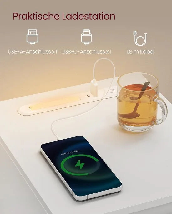 FurnStar – Nachtkastje set van 2 – Smal bijzettafeltje met lade en open vak – Inclusief LED-verlichting, USB-A & USB-C poort – Voor slaapkamer & woonkamer – Wolkenwit