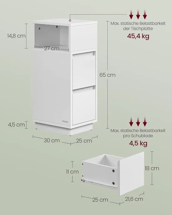 Furnstar - Nachtkastje - Smal - Bijzettafel met 2 laden - Open vak links of rechts monteerbaar - Voor slaapkamer en woonkamer - Wolkenwit