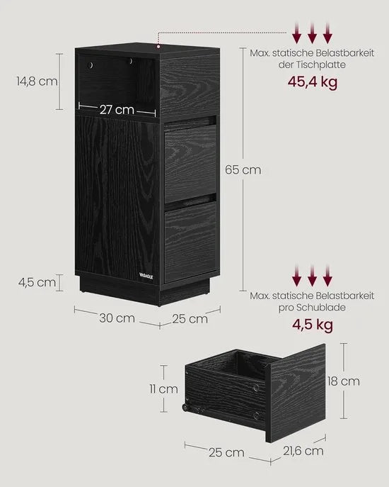 Furnstar - Nachtkastje - Smal - Bijzettafel met 2 laden - Open vak links of rechts monteerbaar - Voor slaapkamer en woonkamer - Ebbenzwart